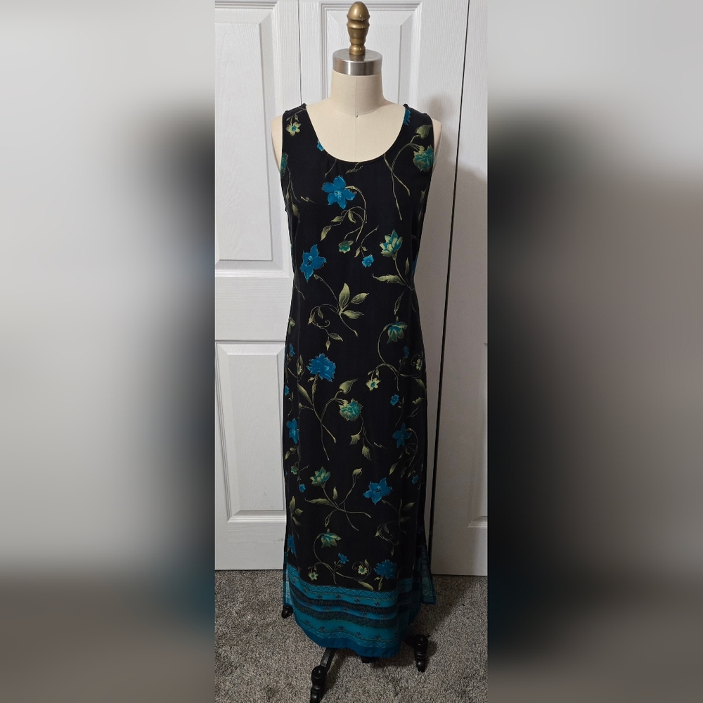 Black & Teal Floral Maxi Dress Attached Belt Ties in Back, Size 6, Like New